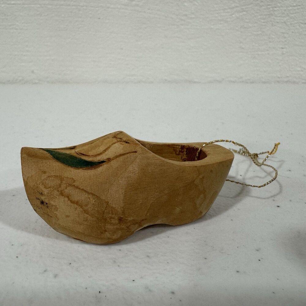 Vintage Hand Carved Miniature Wooden Clog Shoe Christmas Ornament Dutch Folk Art